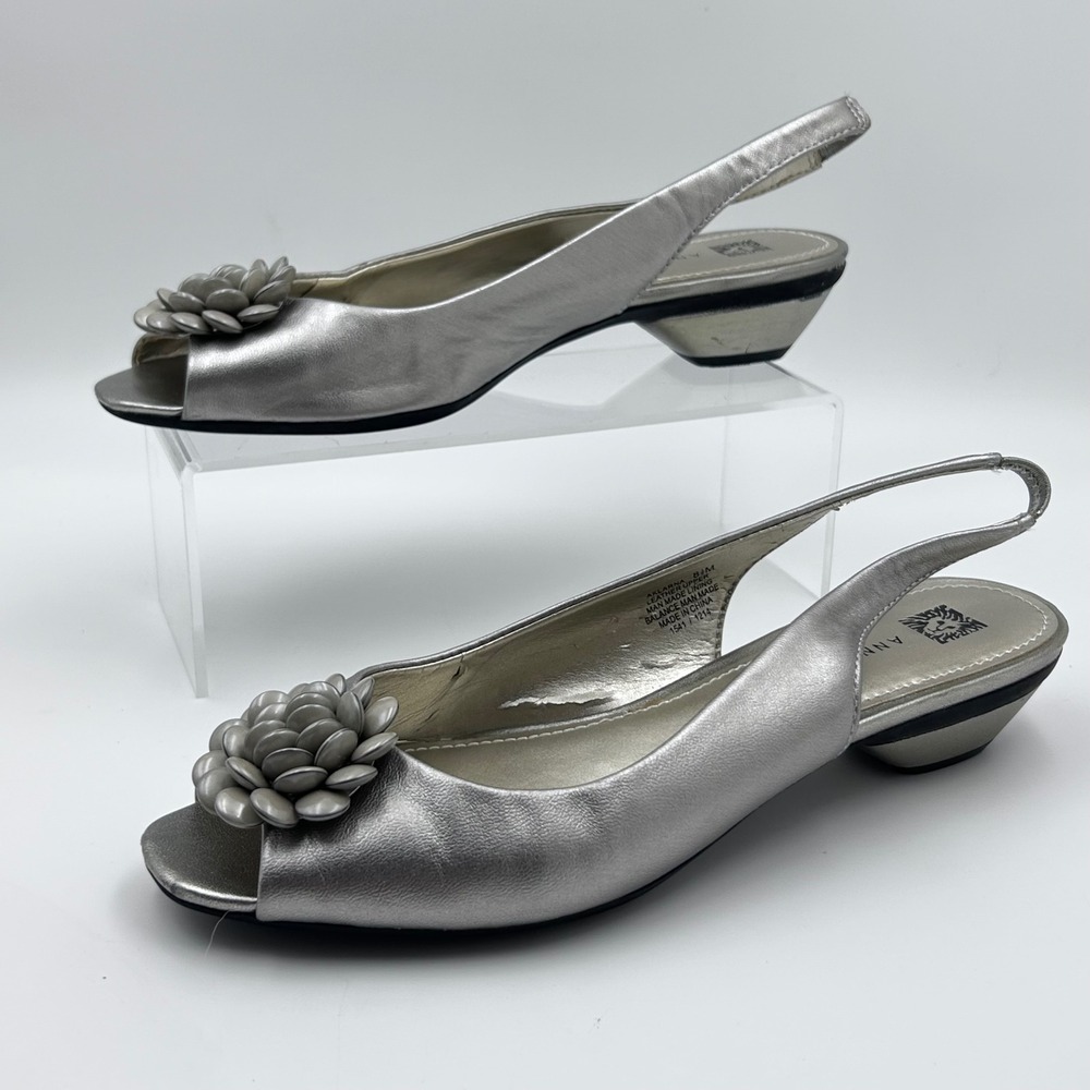 Anne Klein Aklarna Slingback Womens 8.5M Silver Leather Floral Peep Toe Heels